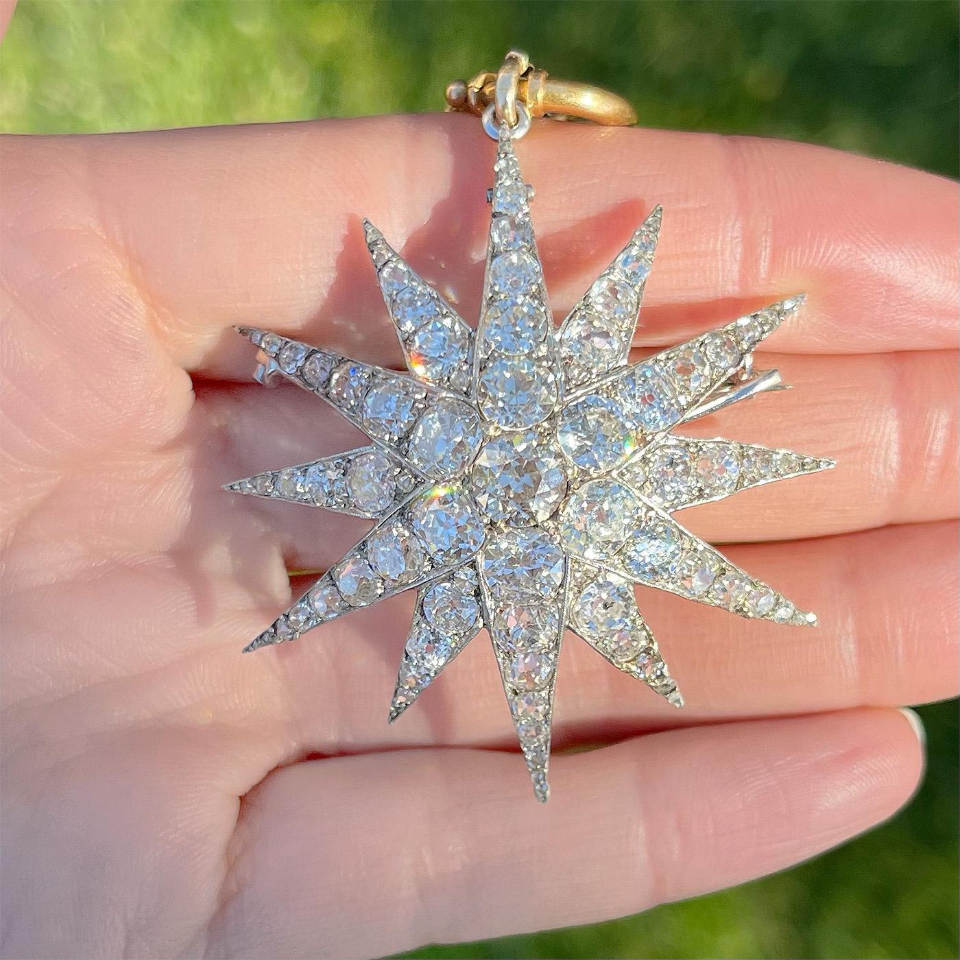 Victorian 15.26 Ctw. Old Cut Diamond Starburst Pendant & Antique Gold Chain In Excellent Condition In Los Angeles, CA