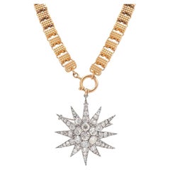 Victorian 15.26 Ctw. Old Cut Diamond Starburst Pendant & Antique Gold Chain