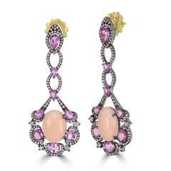 Victorian 15.3 Cttw. Peach Coral, Pink Sapphire/Diamond Earrings In 18K/SS