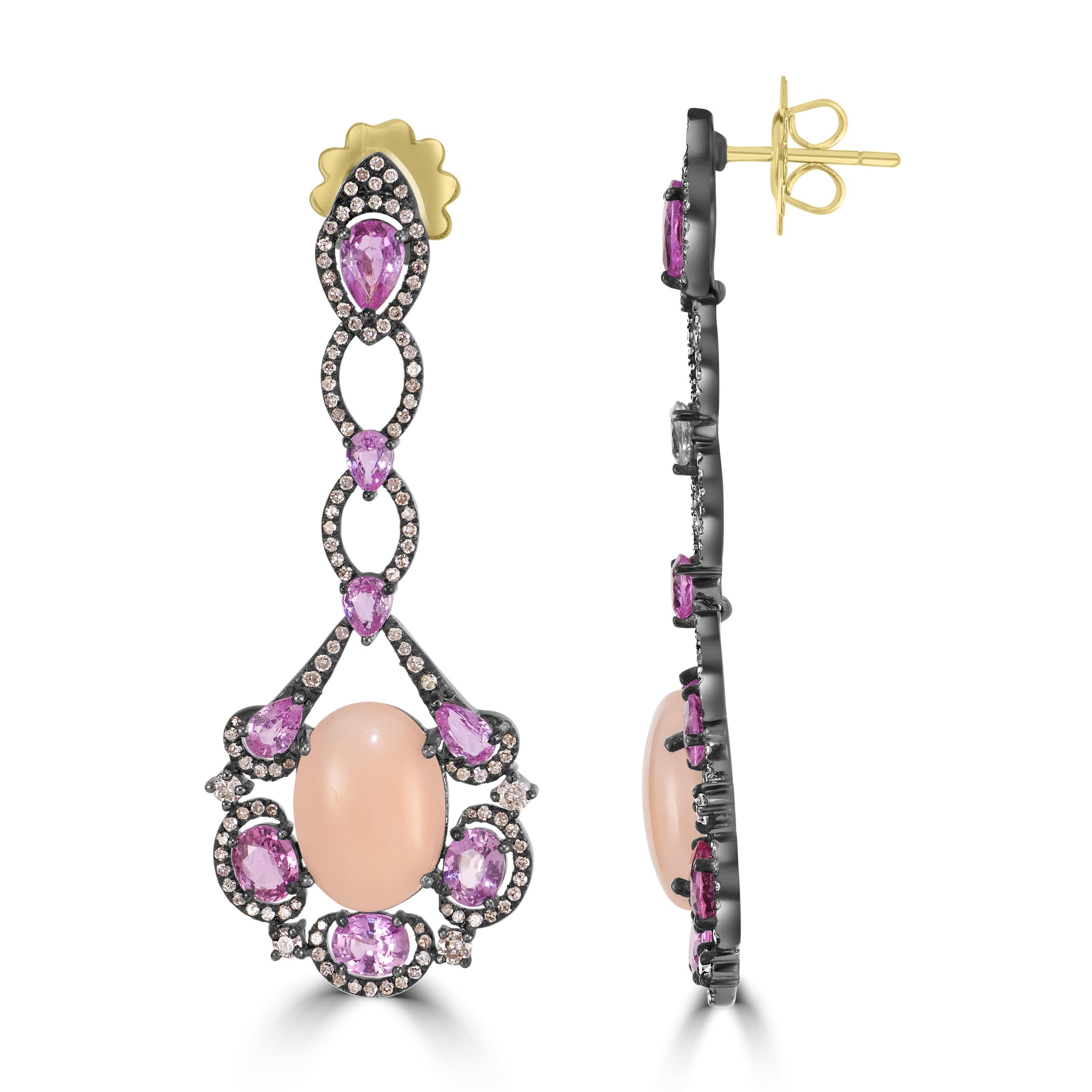 Cabochon Victorian 15.3 Cttw. Peach Coral, Pink Sapphire and Diamond Dangle Earrings  For Sale