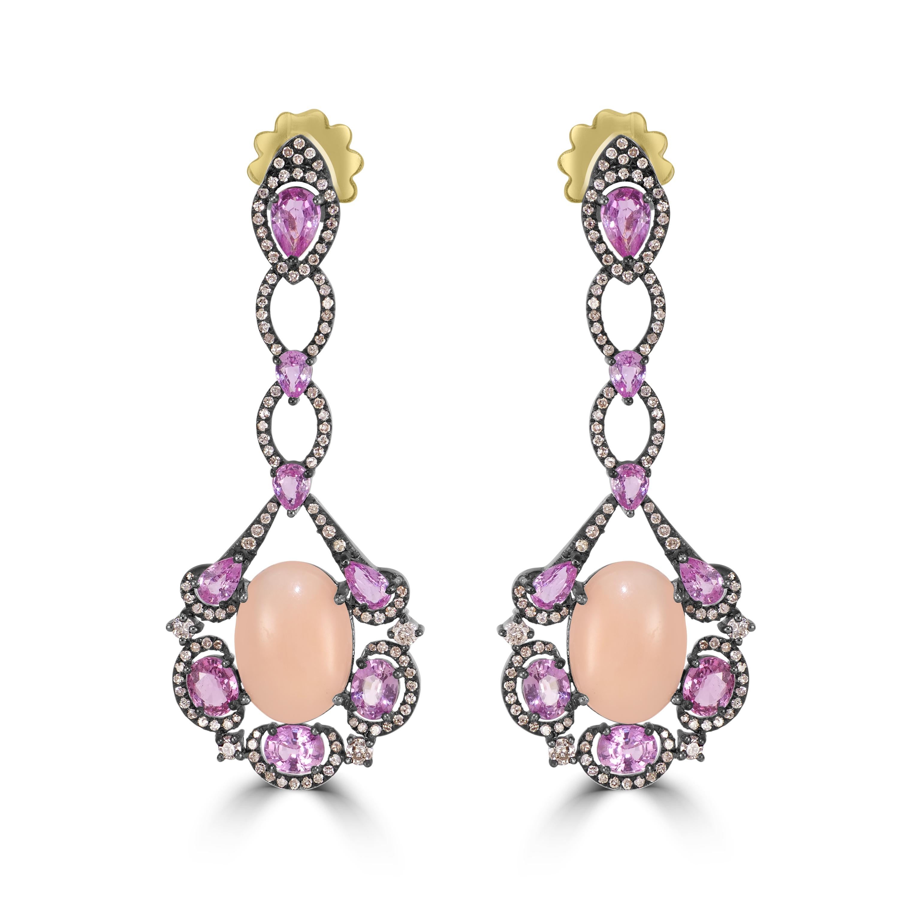 Victorian 15.3 Cttw. Peach Coral, Pink Sapphire and Diamond Dangle Earrings  In New Condition For Sale In New York, NY