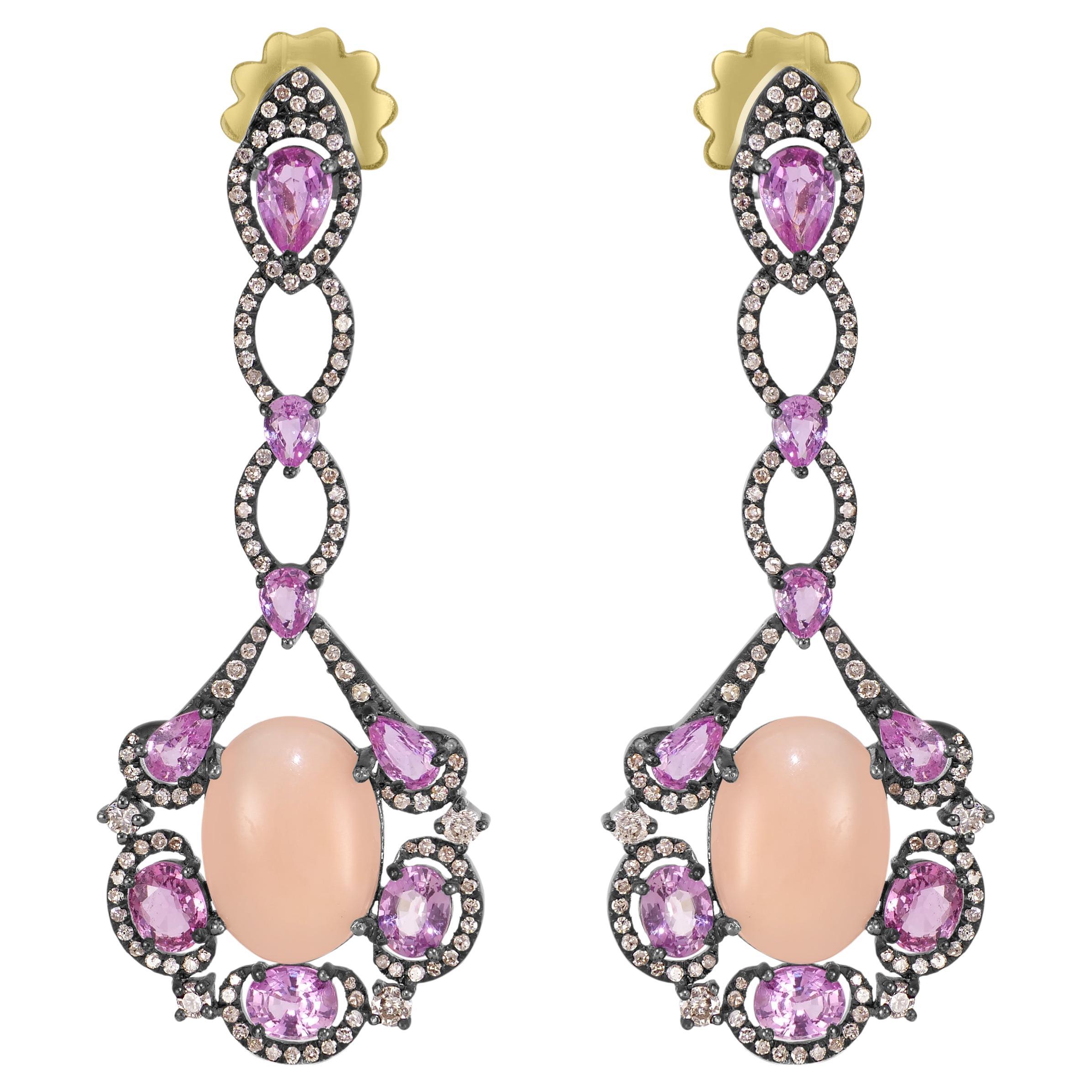 Victorian 15.3 Cttw. Peach Coral, Pink Sapphire and Diamond Dangle Earrings  For Sale