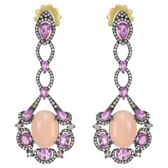 Victorian 15.3 Cttw. Peach Coral, Pink Sapphire and Diamond Dangle Earrings 