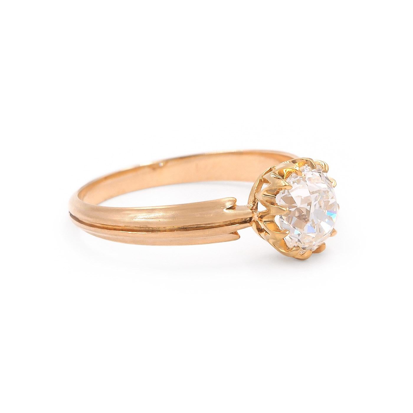 Victorian era 1.54 Carat Old Mine Cut Diamond Solitaire Engagement Ring composed of 18k yellow gold. The 1.54 carat Old Mine Cut diamond is GIA certified G color & VS1 clarity. Diamond is a slightly elongated cushion-shape and is set in a
