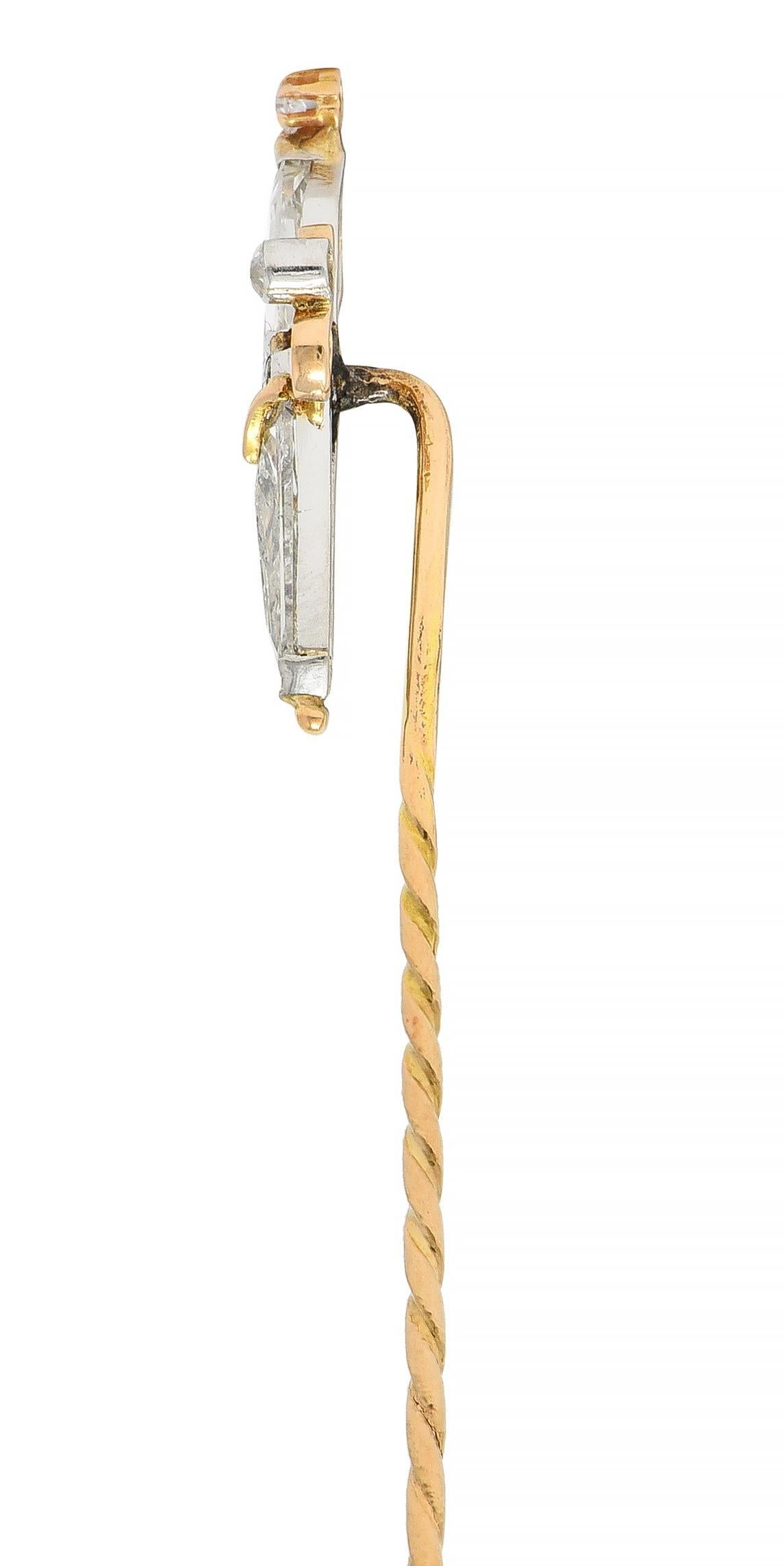 Shield Cut Victorian 1.54 CTW Diamond Platinum 18 Karat Gold Antique Dagger Stickpin For Sale