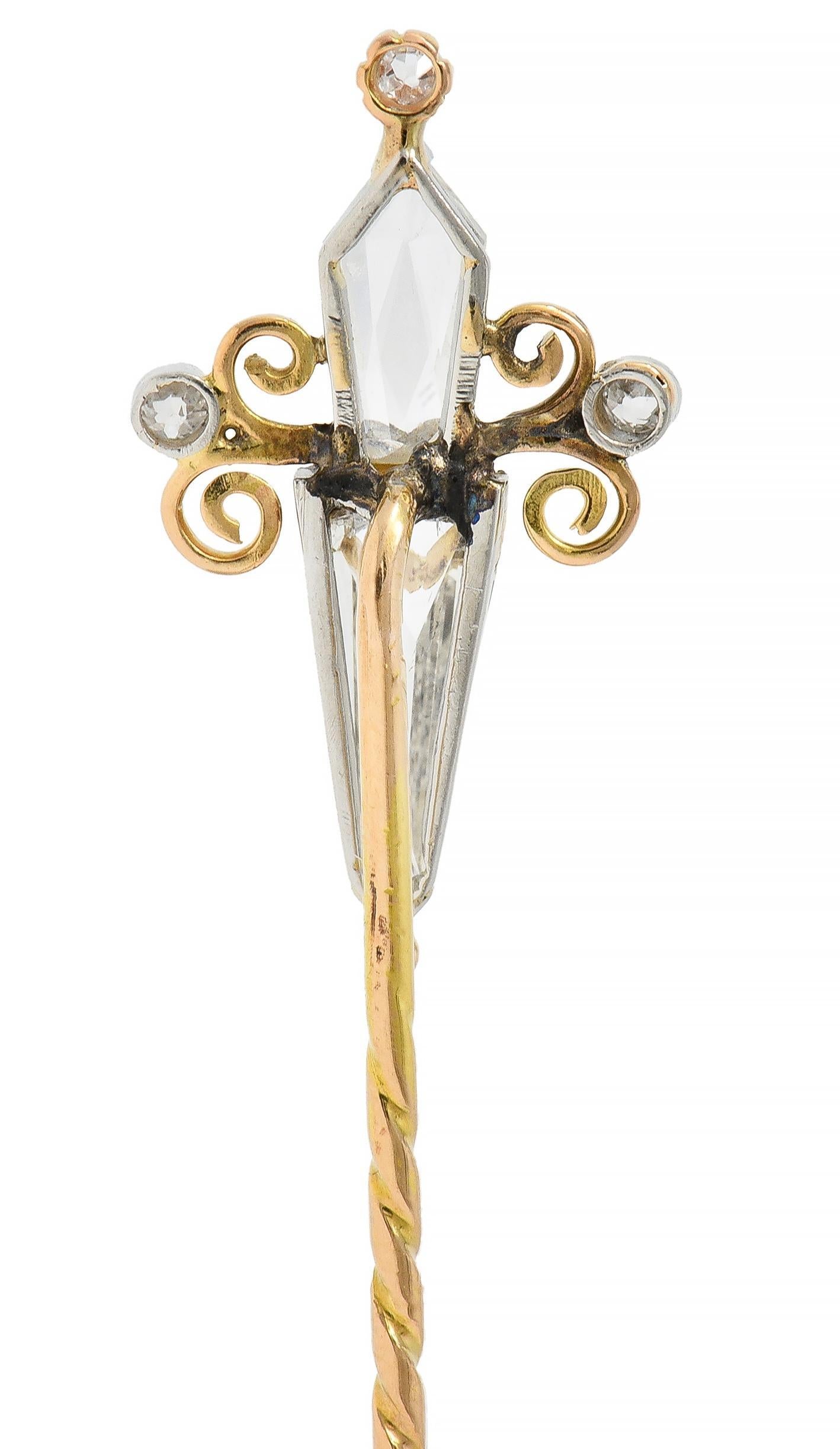 Victorian 1.54 CTW Diamond Platinum 18 Karat Gold Antique Dagger Stickpin In Excellent Condition For Sale In Philadelphia, PA