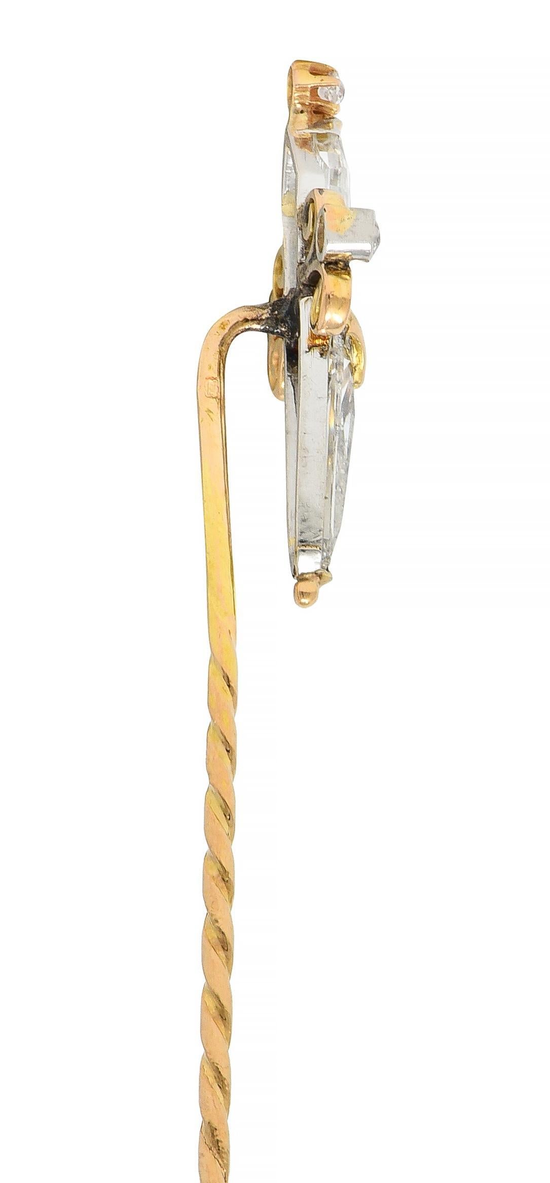 Women's or Men's Victorian 1.54 CTW Diamond Platinum 18 Karat Gold Antique Dagger Stickpin For Sale