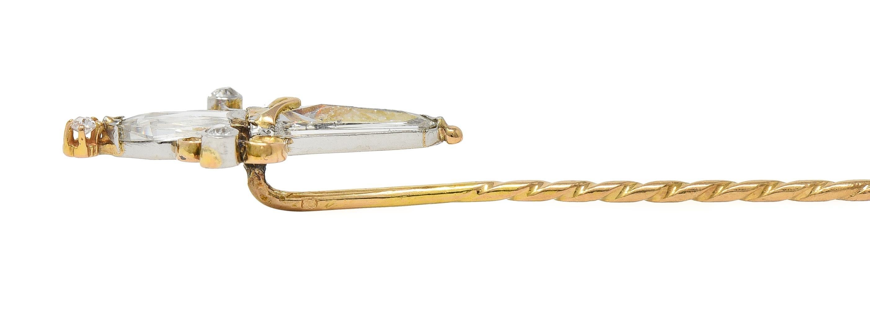 Victorian 1.54 CTW Diamond Platinum 18 Karat Gold Antique Dagger Stickpin For Sale 3