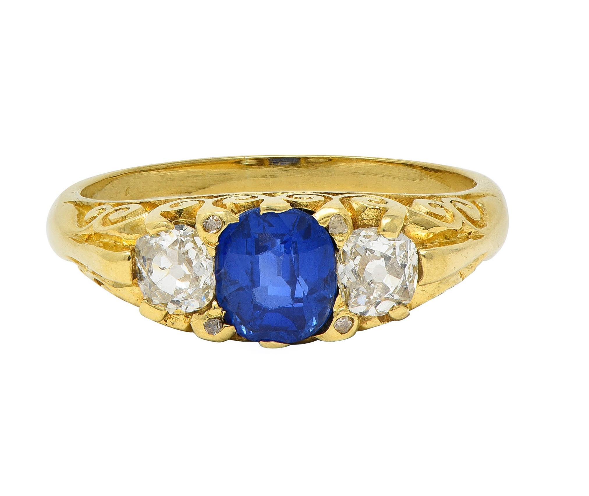Victorian 1.54 CTW Sapphire Diamond 18K Yellow Gold Antique Scroll Band Ring