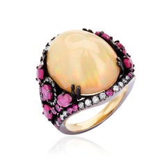Victorian 15.50 Cttw Ethiopian Opal, Ruby/Diamond Cocktail Ring Size 7 18K/SS