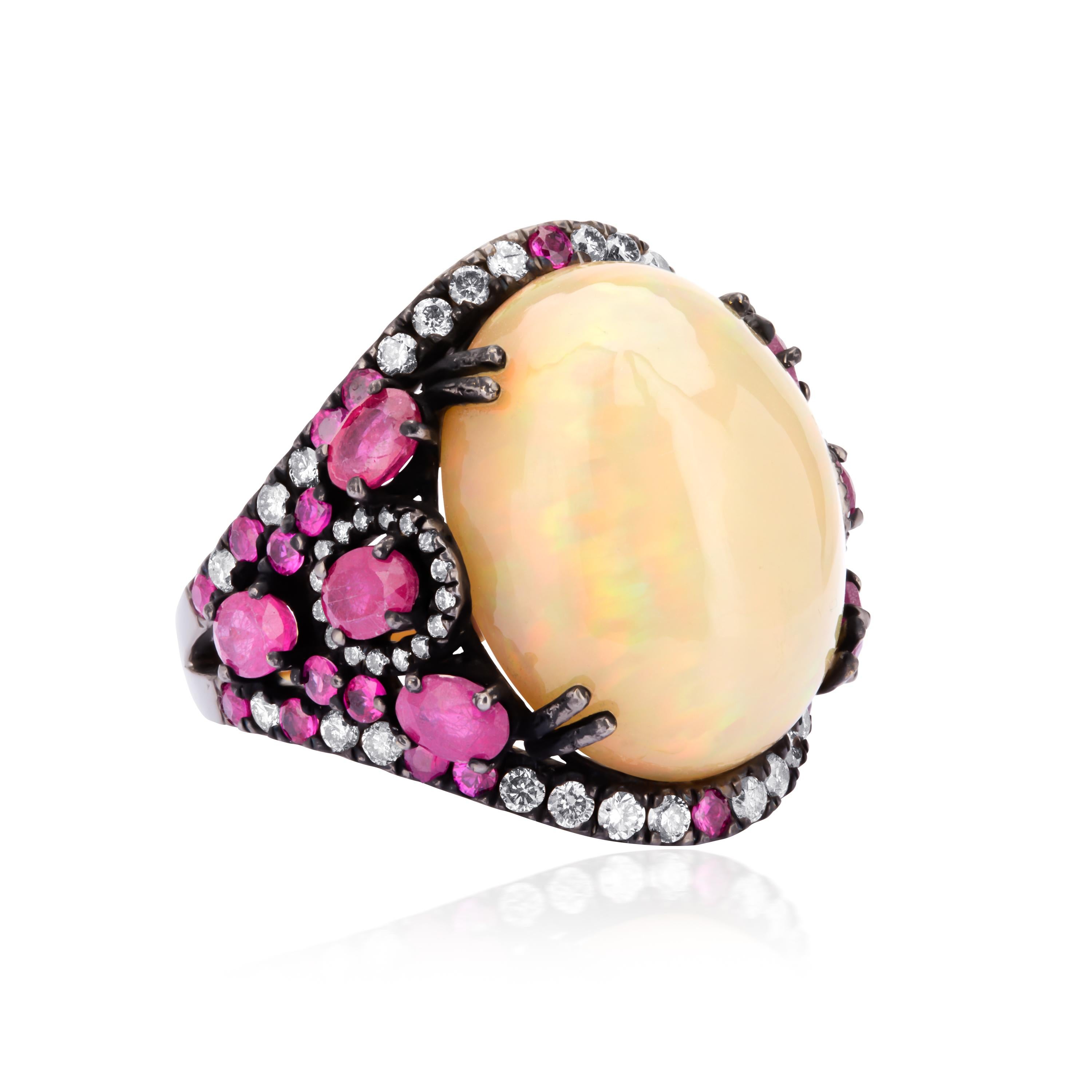 Oval Cut Victorian 15.46cttw Ethiopian Opal, Ruby and Diamond Cocktail Ring For Sale