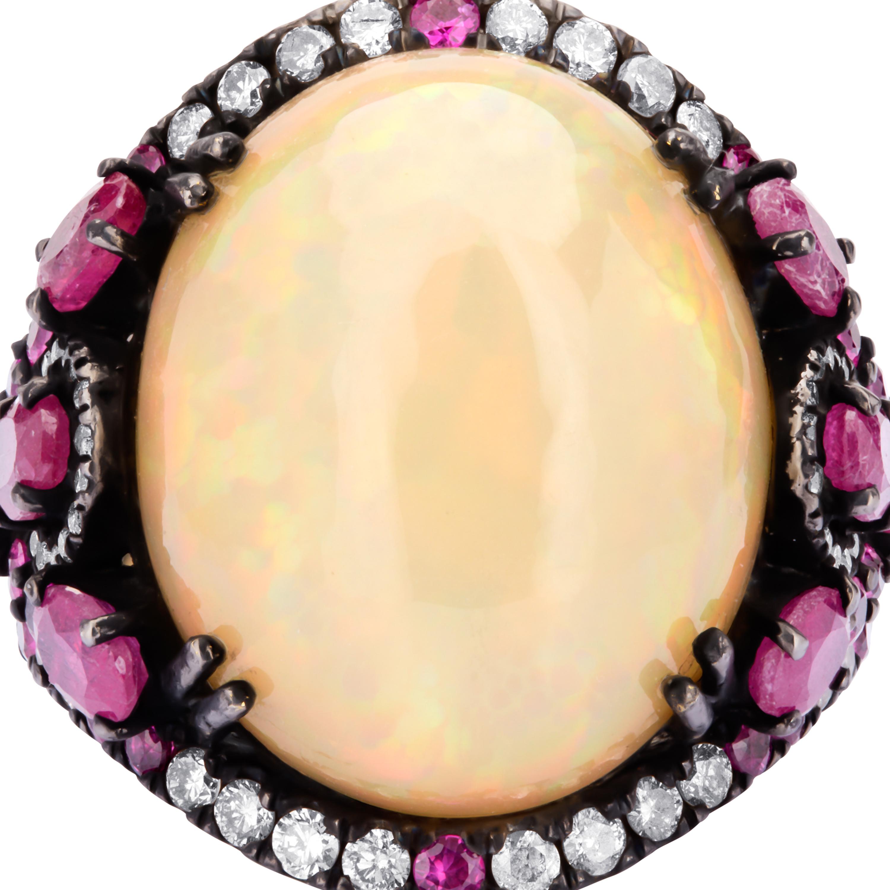 Victorian 15.46cttw Ethiopian Opal, Ruby and Diamond Cocktail Ring In New Condition For Sale In New York, NY