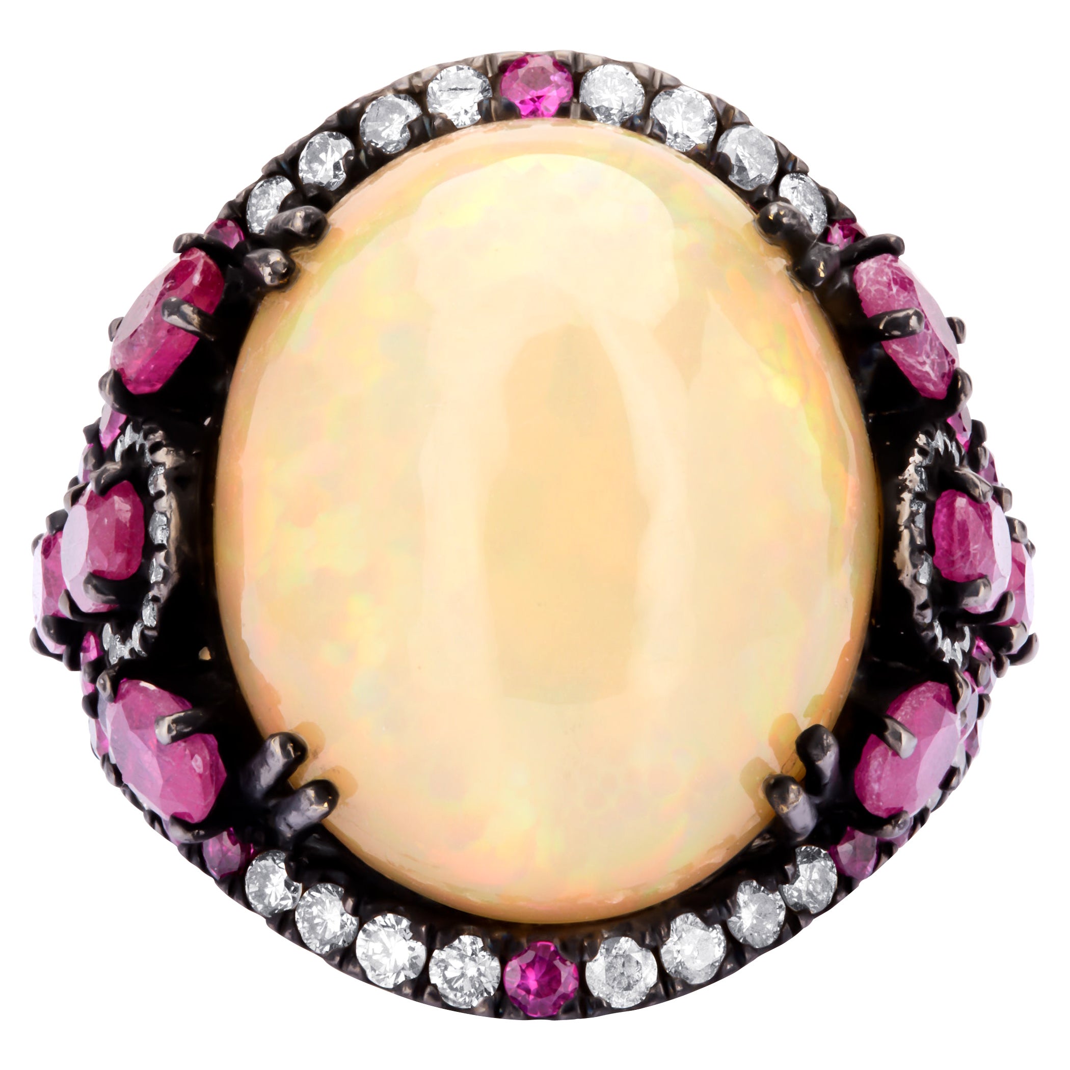 Victorian 15.46cttw Ethiopian Opal, Ruby and Diamond Cocktail Ring For Sale