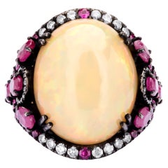 Anillo de cóctel victoriano de ópalo etíope, rubí y diamantes de 15,50 qt talla 7 18K/SS