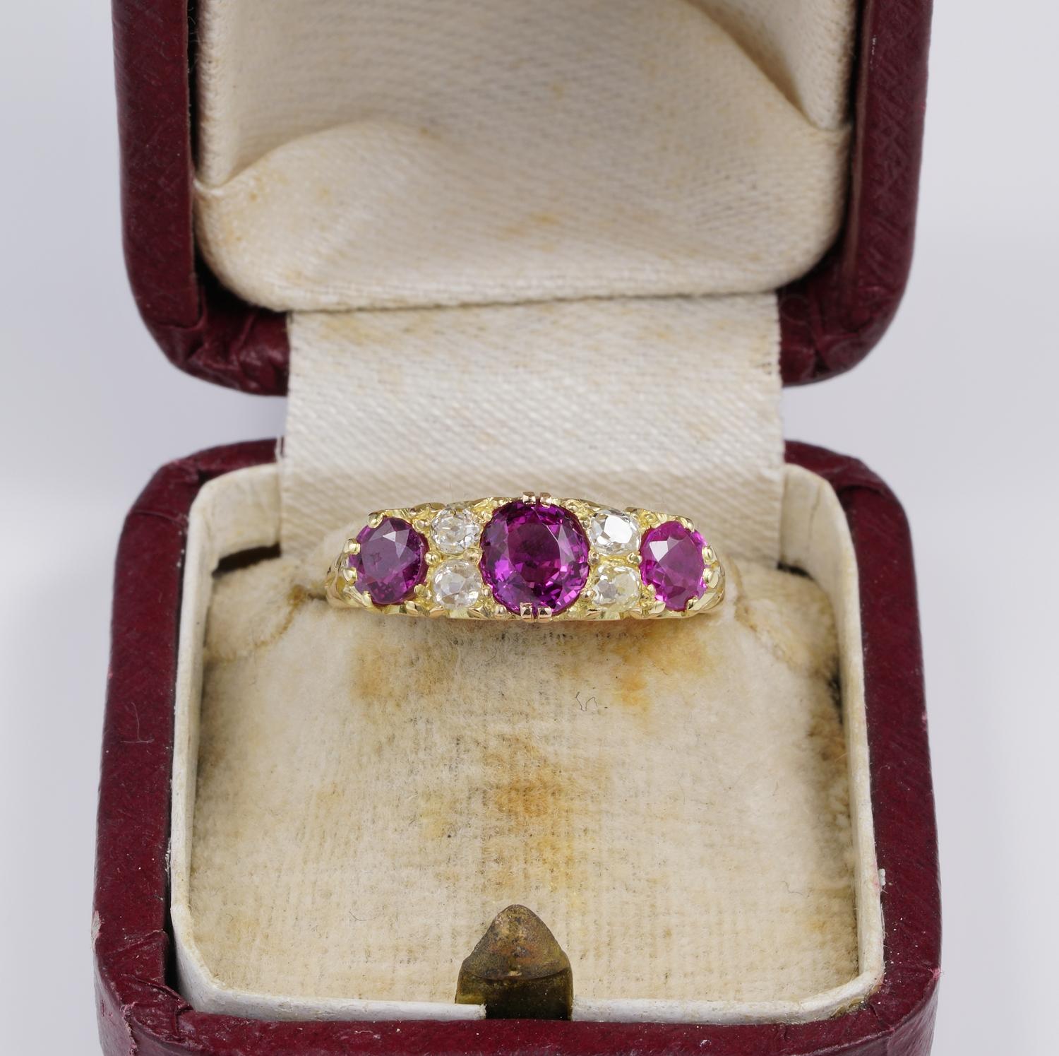 Say for Ever!

Outstanding quality, Victorian period half hoop ring set with 100% natural untreated Burmese Rubies and high grade old mine cut Diamond
Beautiful example, finely hand carved 18 KT solid gold mount exalting with refined details the