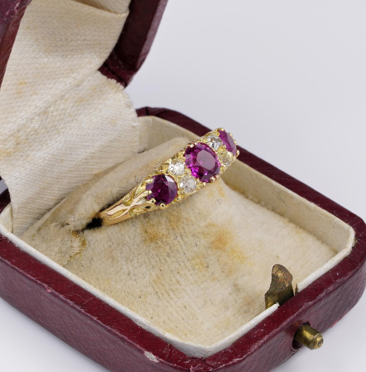 Rose Cut Victorian 1.55 Carat Natural Burmese Ruby .40 Carat Old Diamond Seven-Stone Ring For Sale