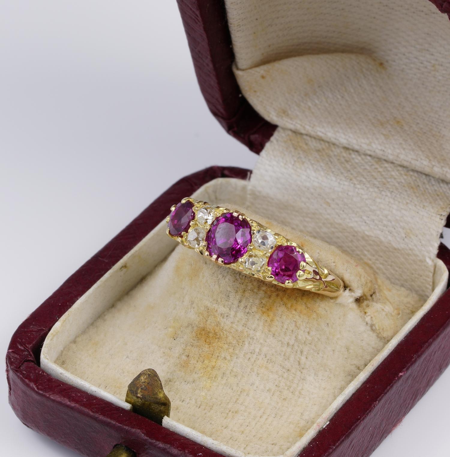 Women's or Men's Victorian 1.55 Carat Natural Burmese Ruby .40 Carat Old Diamond Seven-Stone Ring For Sale