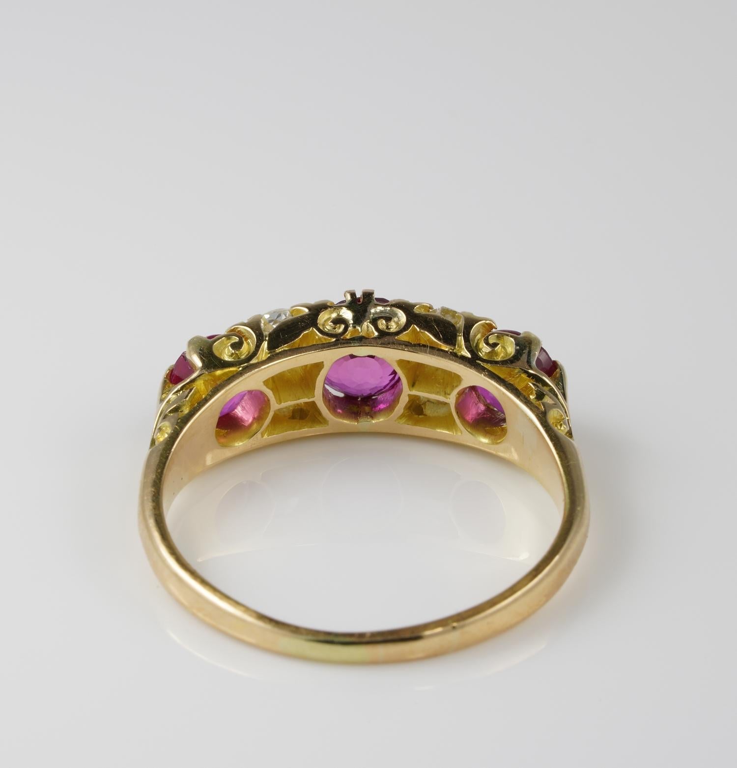 Victorian 1.55 Carat Natural Burmese Ruby .40 Carat Old Diamond Seven-Stone Ring For Sale 2