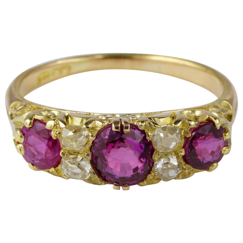 Victorian 1.55 Carat Natural Burmese Ruby .40 Carat Old Diamond Seven-Stone Ring For Sale