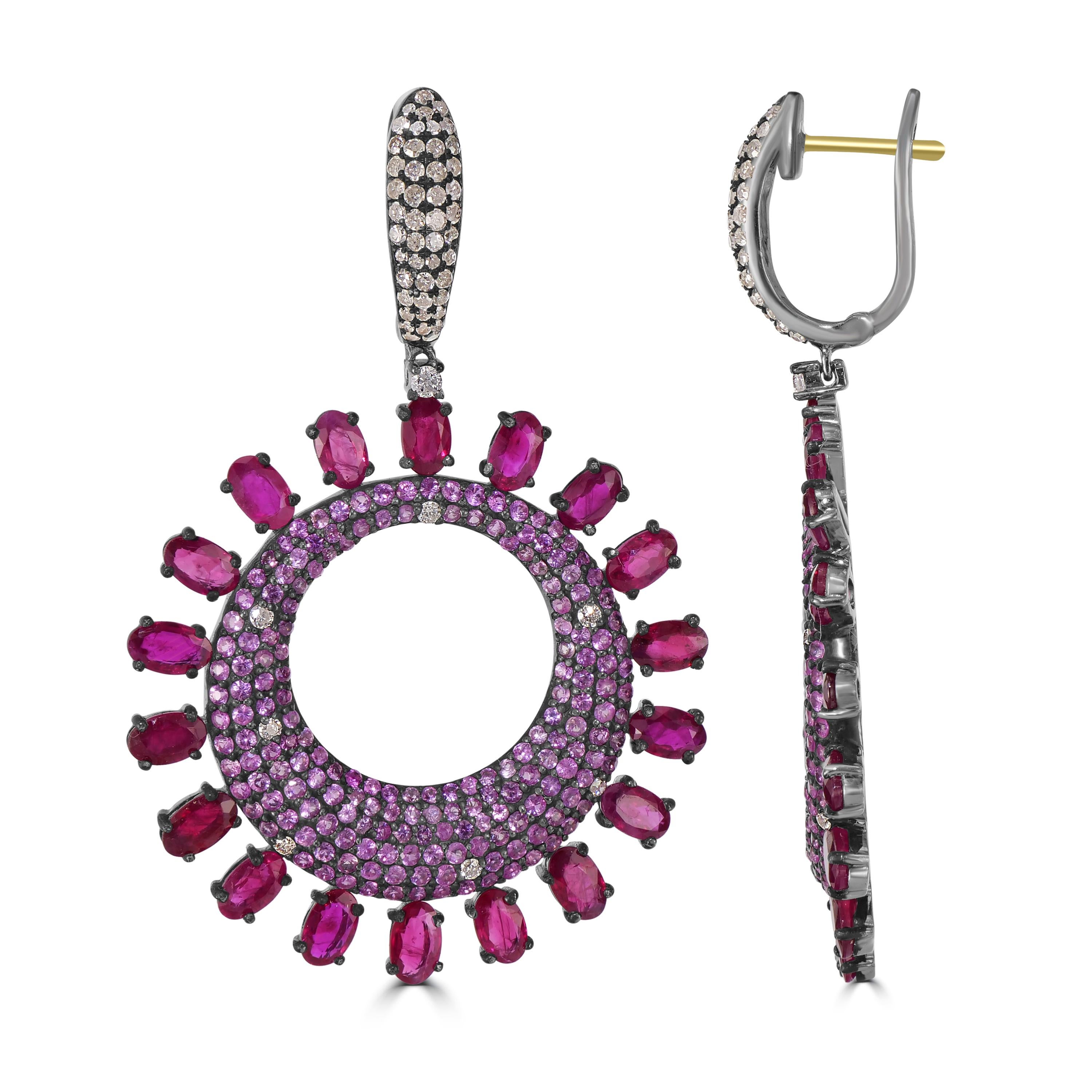 Oval Cut Victorian 15.72 Cttw. Pink Sapphire, Ruby and Diamond Dangle Earrings  For Sale