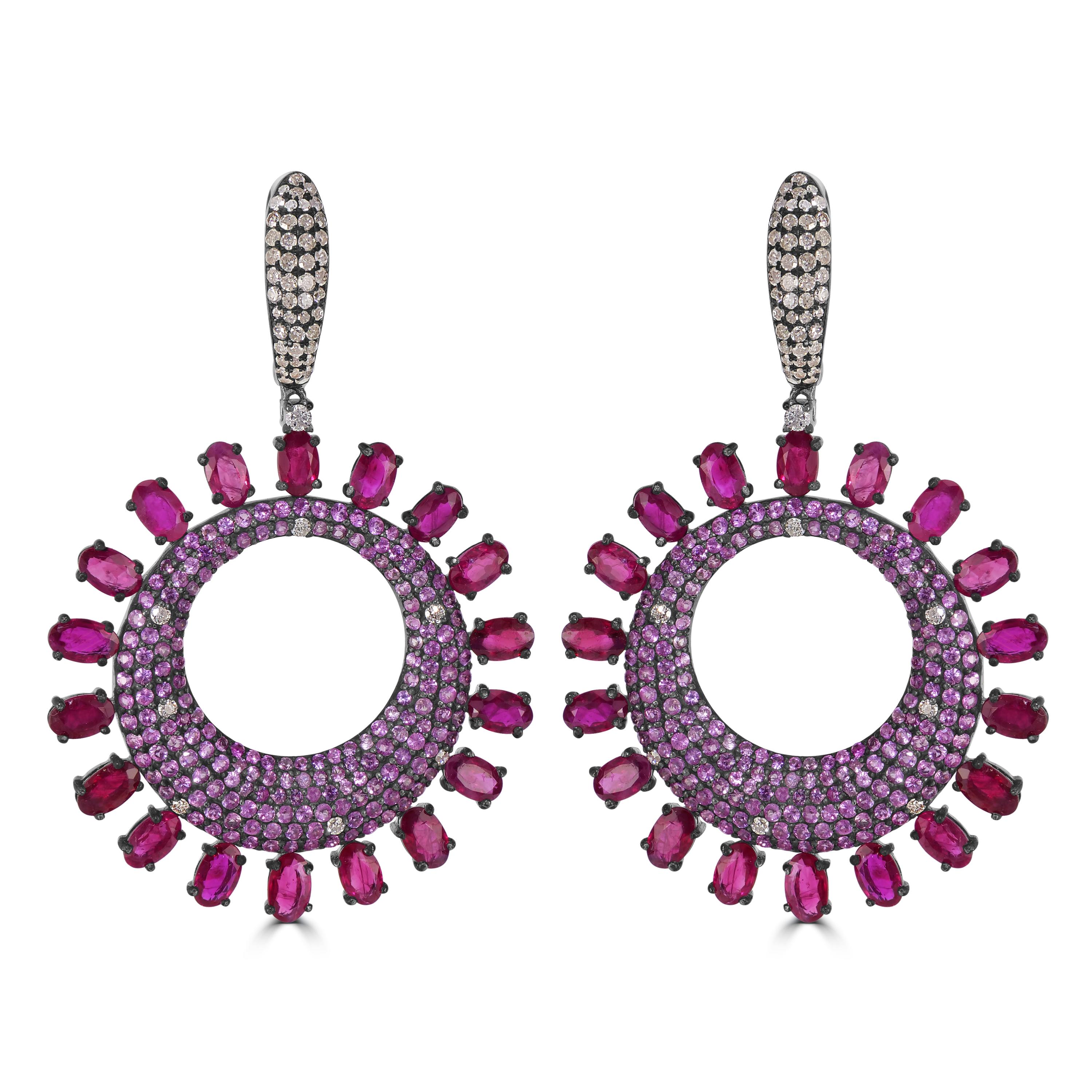Victorian 15.72 Cttw. Pink Sapphire, Ruby and Diamond Dangle Earrings  In New Condition For Sale In New York, NY