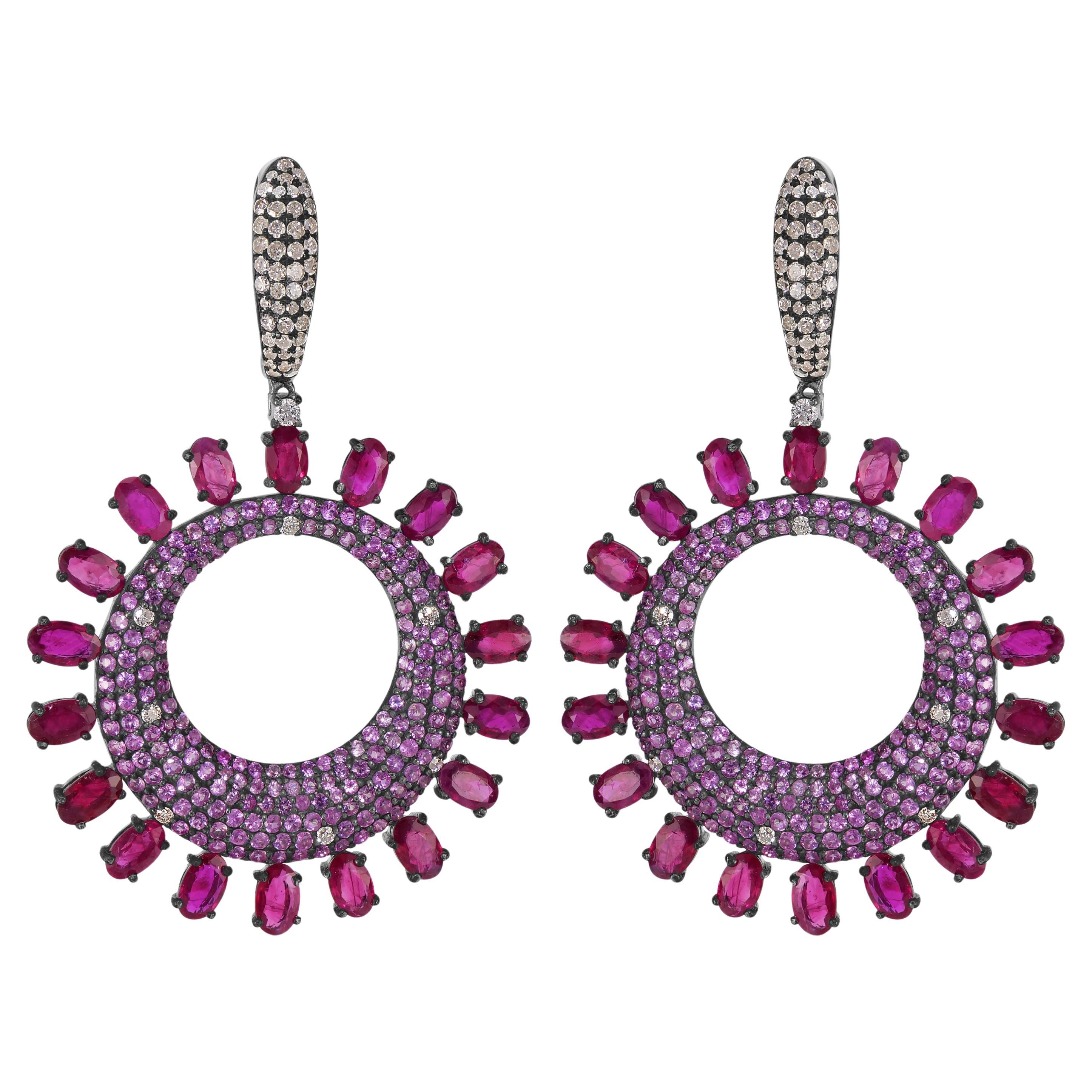Victorian 15.72 Cttw. Pink Sapphire, Ruby and Diamond Dangle Earrings  For Sale
