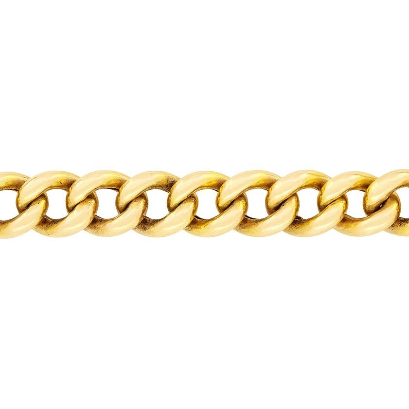 Ce magnifique bracelet victorien a été réalisé en or jaune 15 carats. La chaîne de 20 cm pèse 18,8 grammes et s'attache au poignet à l'aide d'un fermoir et d'une chaîne de sécurité. Le poinçon de 15 carats se trouve au dos du fermoir.

Métal : or