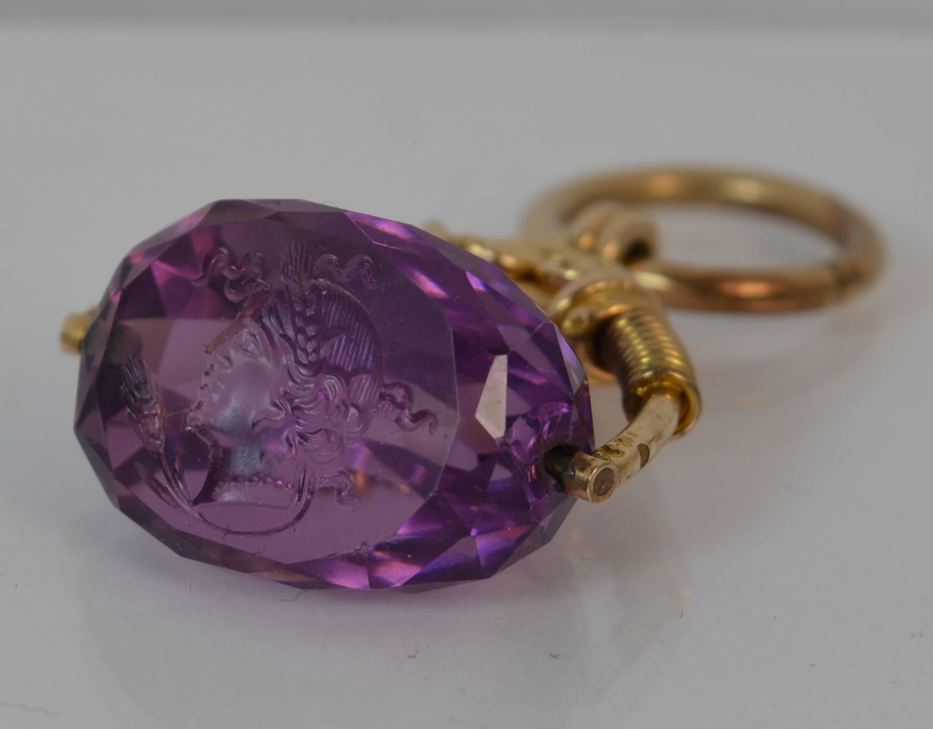 Victorian 15 Carat Gold and Amethyst Intaglio Swivel Fob Pendant In Excellent Condition In St Helens, GB