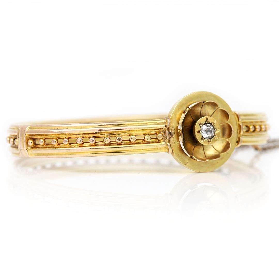 Victorian 15ct Gold and Old Mine Cut Diamond Beaded Bangle, Circa 1870 For Sale 1