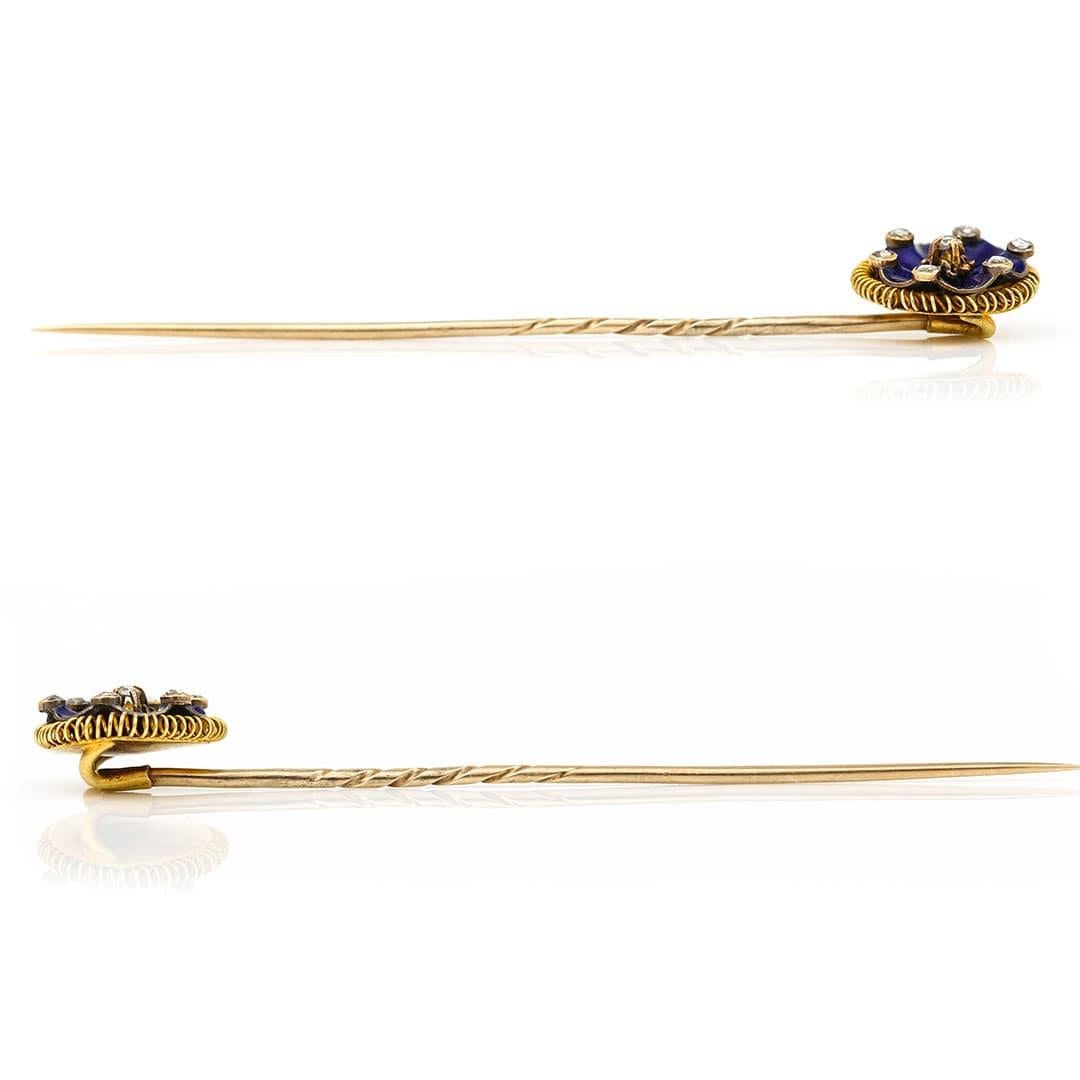 Victorian 15ct Gold Blue Enamel and Rose Cut Diamond Stick Pin, Circa 1890 In Good Condition For Sale In Lancashire, Oldham