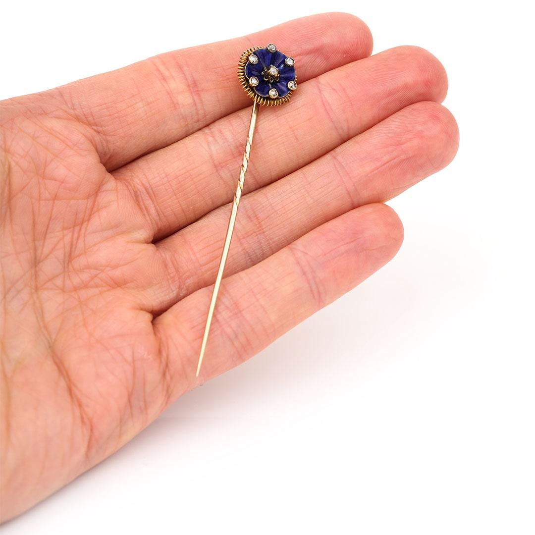 Victorian 15ct Gold Blue Enamel and Rose Cut Diamond Stick Pin, Circa 1890 For Sale 1