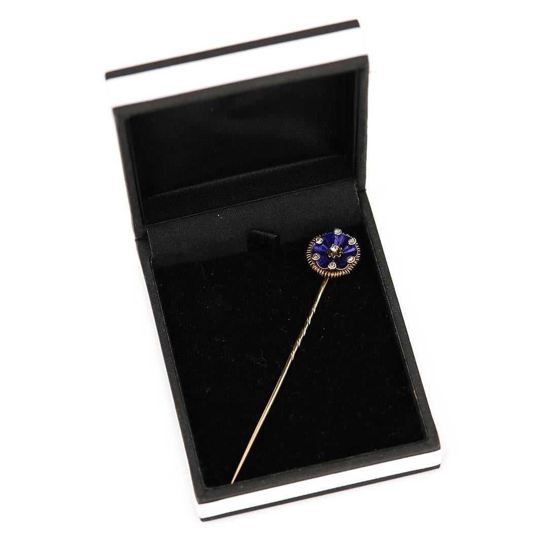 Victorian 15ct Gold Blue Enamel and Rose Cut Diamond Stick Pin, Circa 1890 For Sale 3