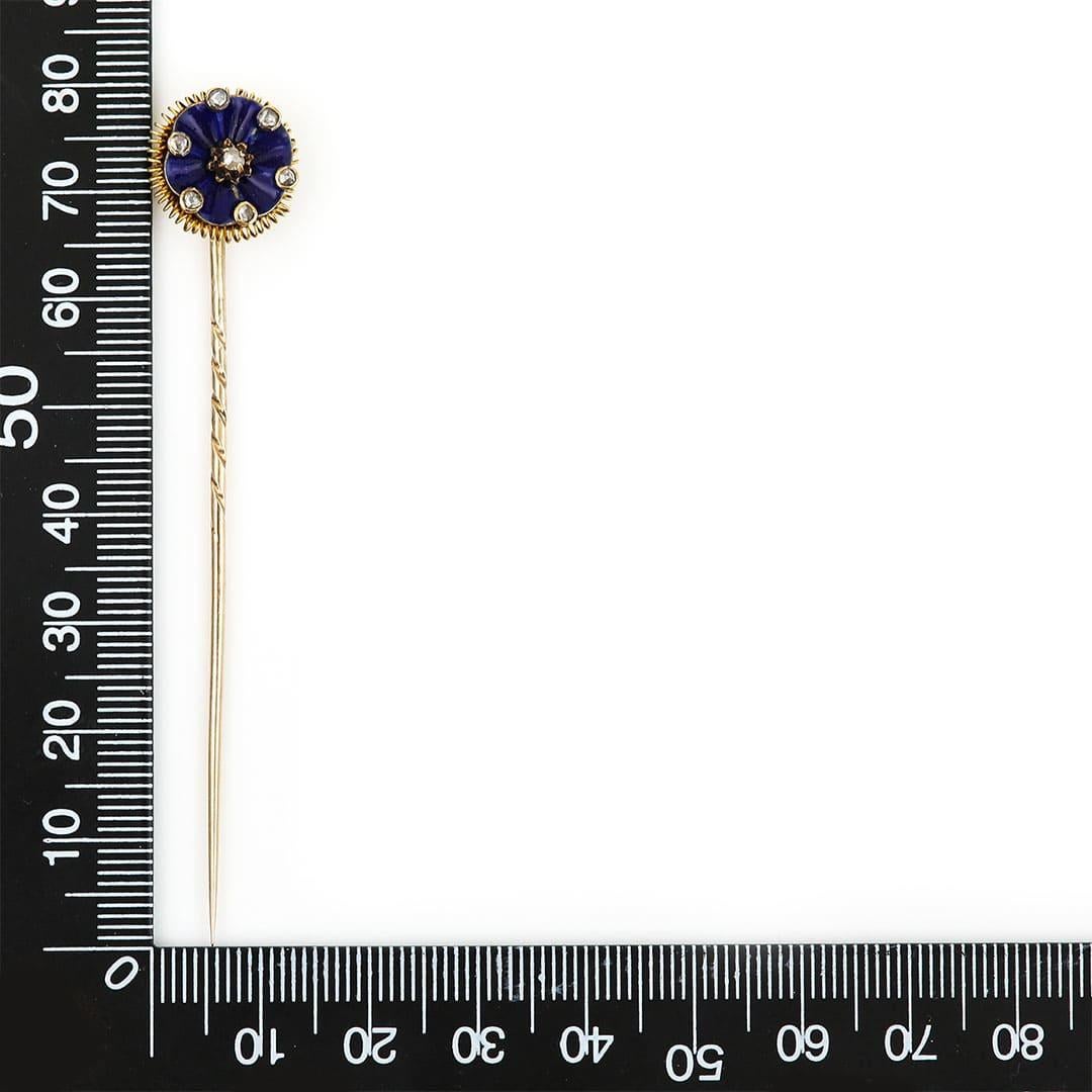 Victorian 15ct Gold Blue Enamel and Rose Cut Diamond Stick Pin, Circa 1890 For Sale 4