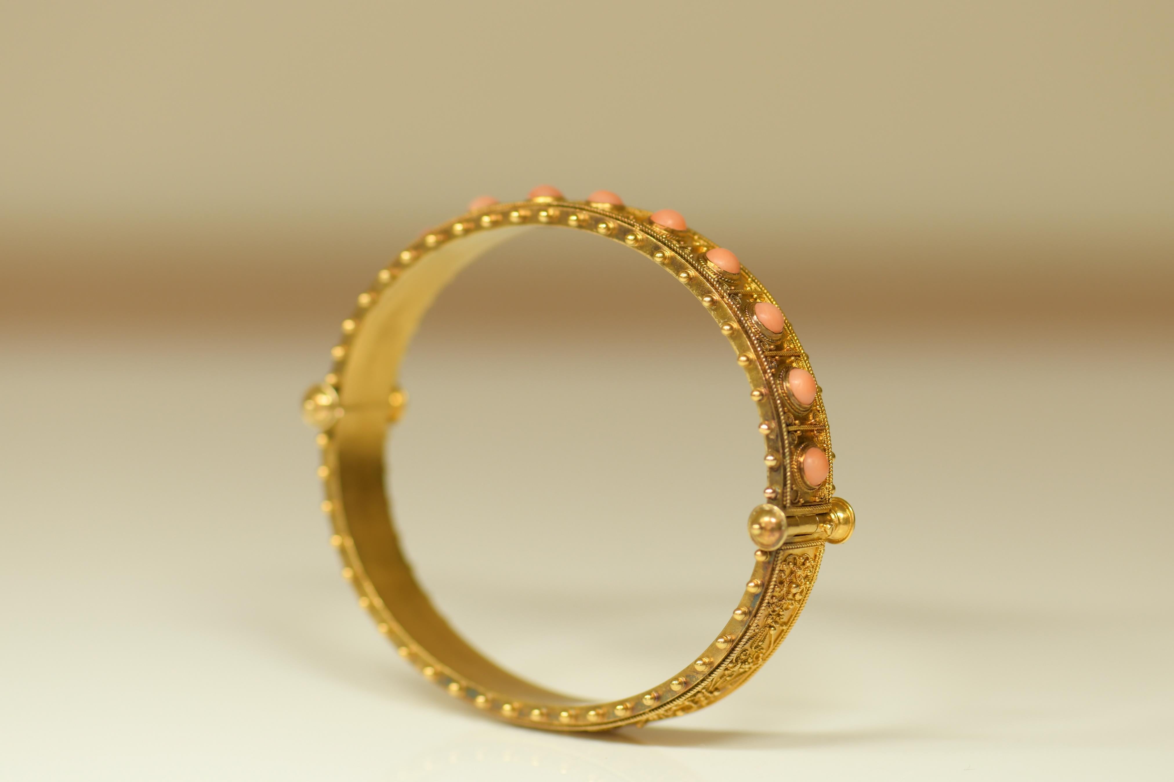 Victorian 15 Carat Gold Coral Etruscan Revival Bangle Bracelet For Sale 1
