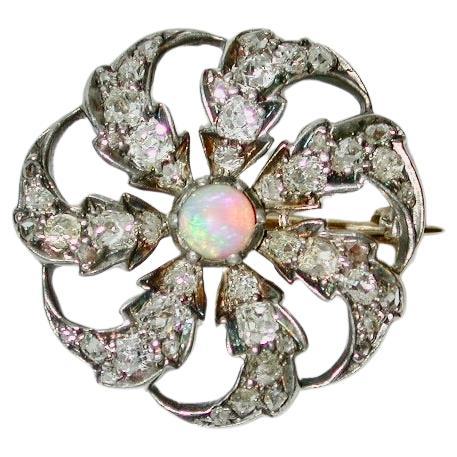 Victorian 15ct Gold Diamond Cluster Brooch With Centre Opal Dated Circa 1890 For Sale