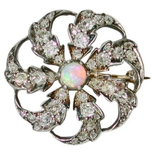 Victorian 15ct Gold Diamond Cluster Brooch With Centre Opal Dated Circa 1890