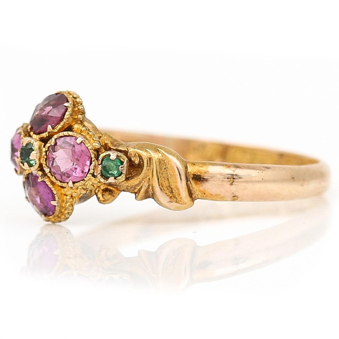 Round Cut Victorian 15ct Gold Emerald and Garnet Floral Cluster Ring Circa 1867