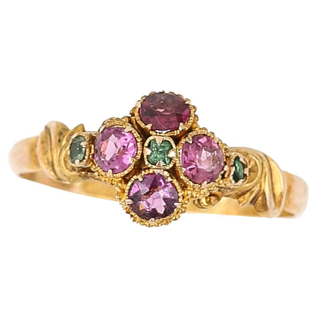 Victorian 15ct Gold Emerald and Garnet Floral Cluster Ring Circa 1867