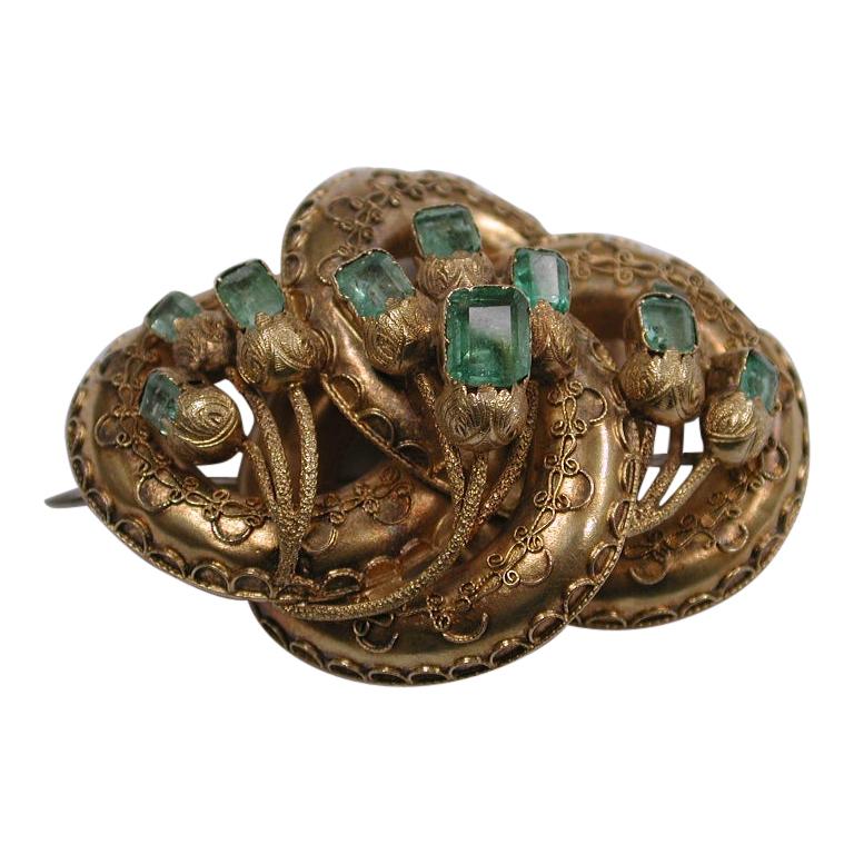 Victorian 15ct Gold Etruscian Style Brooch Set with Emeralds, Dated circa 1860