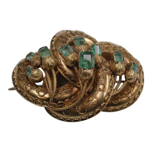 Victorian 15ct Gold Etruscian Style Brooch Set with Emeralds, Dated circa 1860