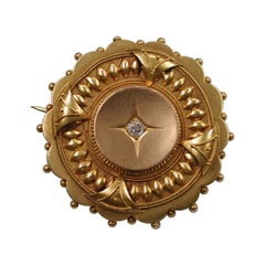 Victorian 15ct Gold Etruscian Style Brooch Set with Old Cut Diamond, circa 1870