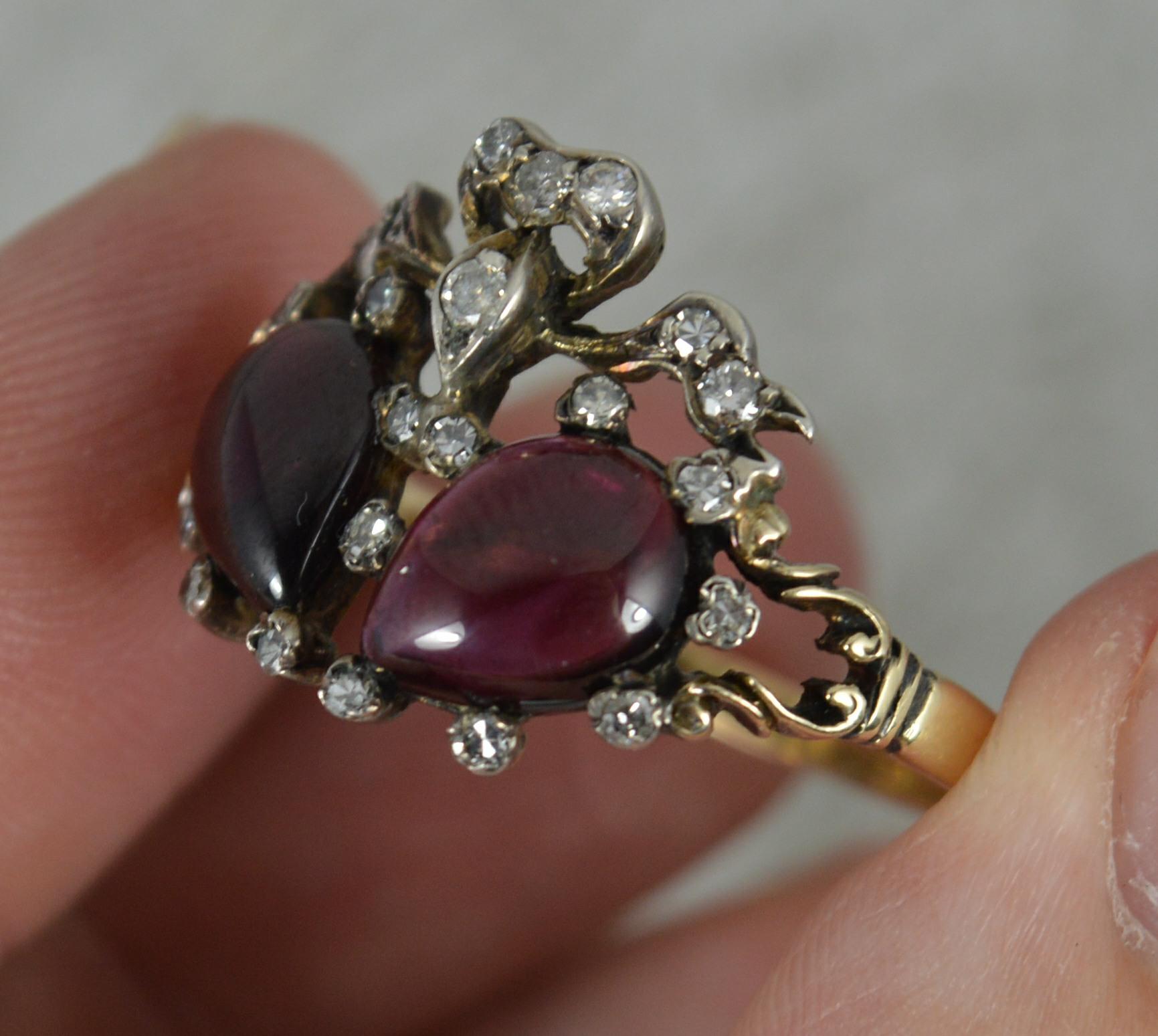 Victorian 15ct Gold Garnet Cabochon and Diamond Double Heart Cluster Ring 7