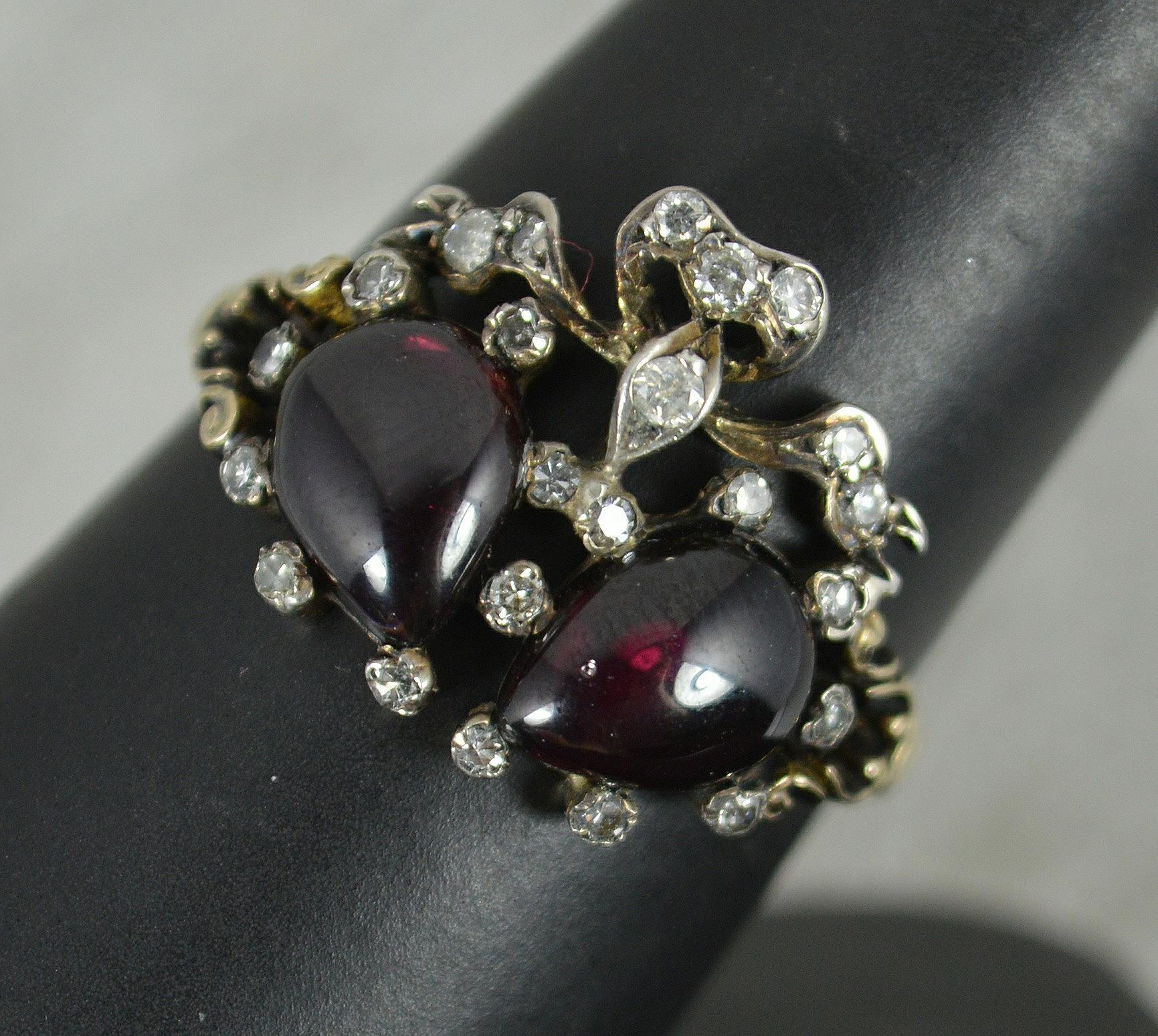 Victorian 15ct Gold Garnet Cabochon and Diamond Double Heart Cluster Ring 8