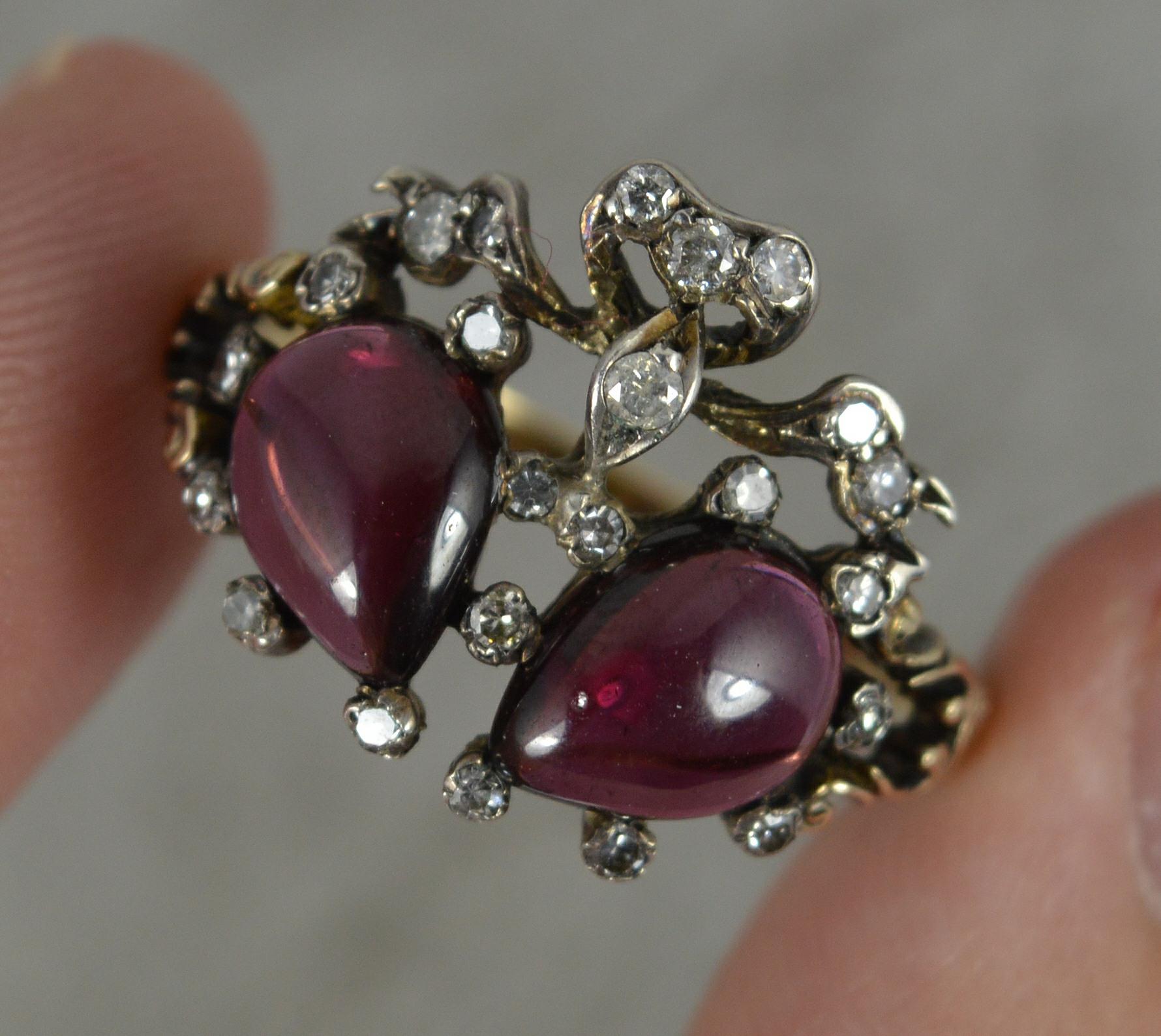 Women's Victorian 15ct Gold Garnet Cabochon and Diamond Double Heart Cluster Ring