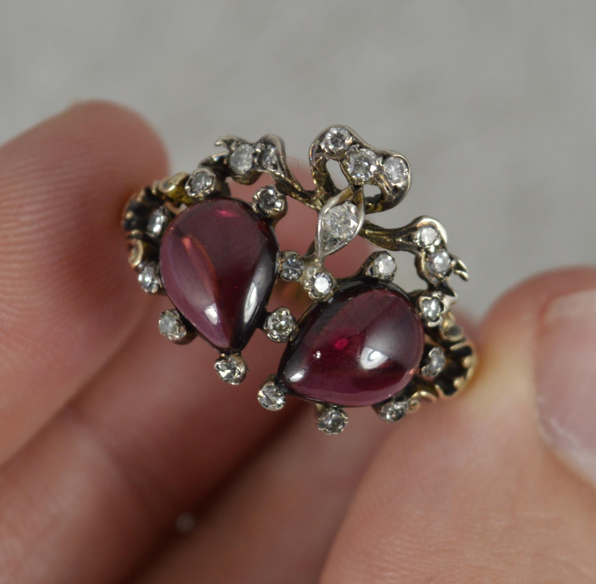 Victorian 15ct Gold Garnet Cabochon and Diamond Double Heart Cluster Ring 1