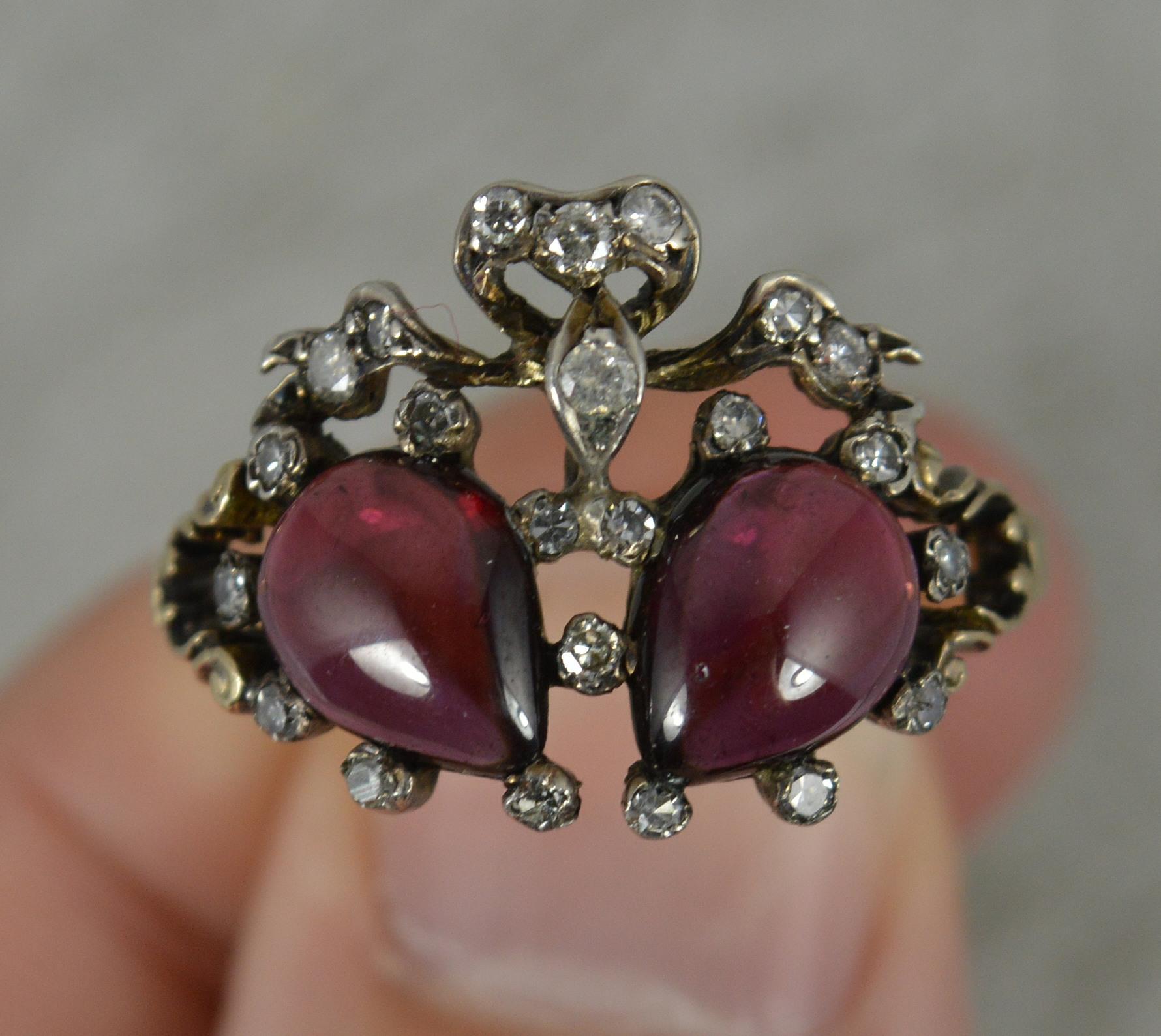 Victorian 15ct Gold Garnet Cabochon and Diamond Double Heart Cluster Ring 2