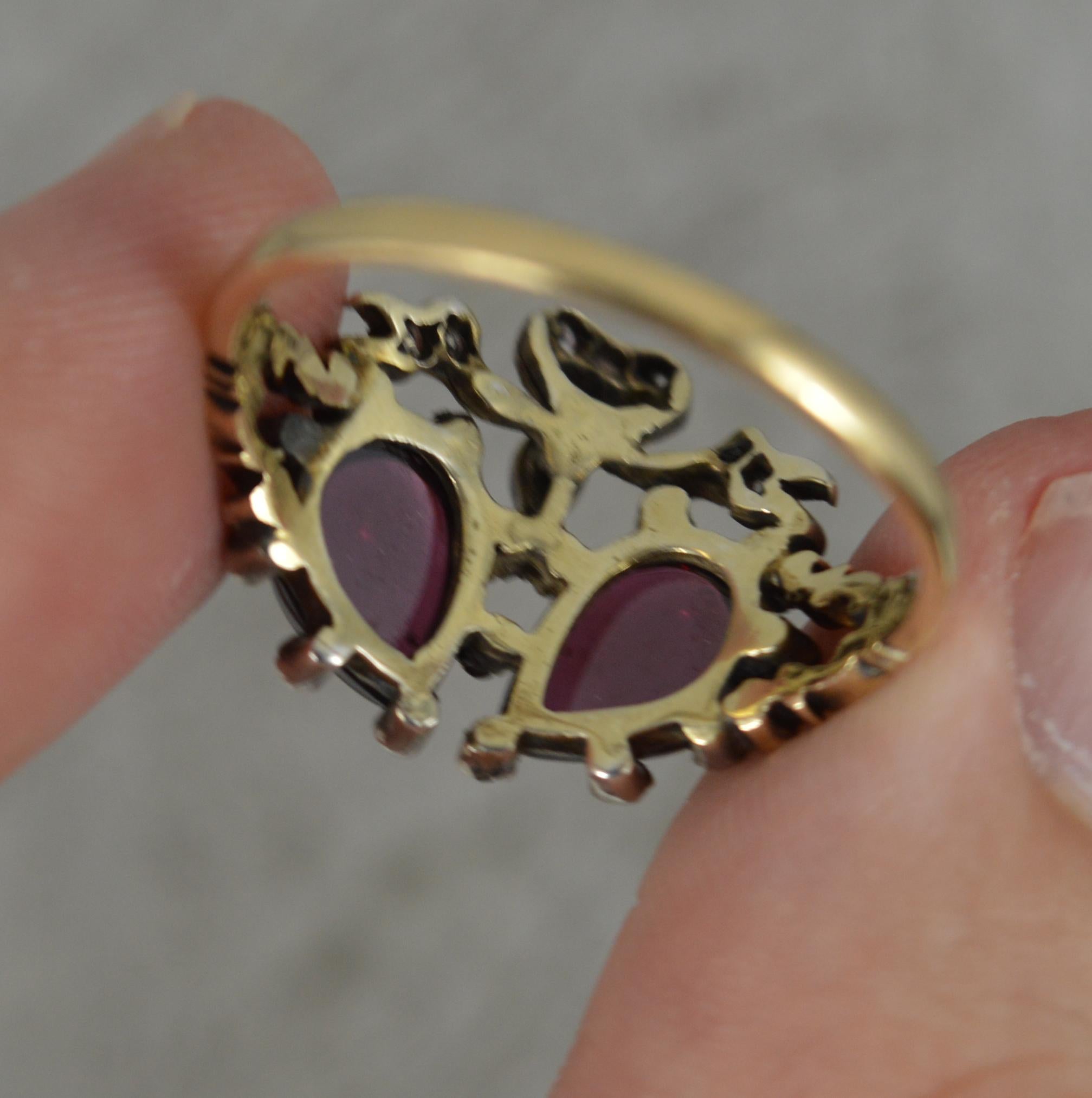 Victorian 15ct Gold Garnet Cabochon and Diamond Double Heart Cluster Ring 4