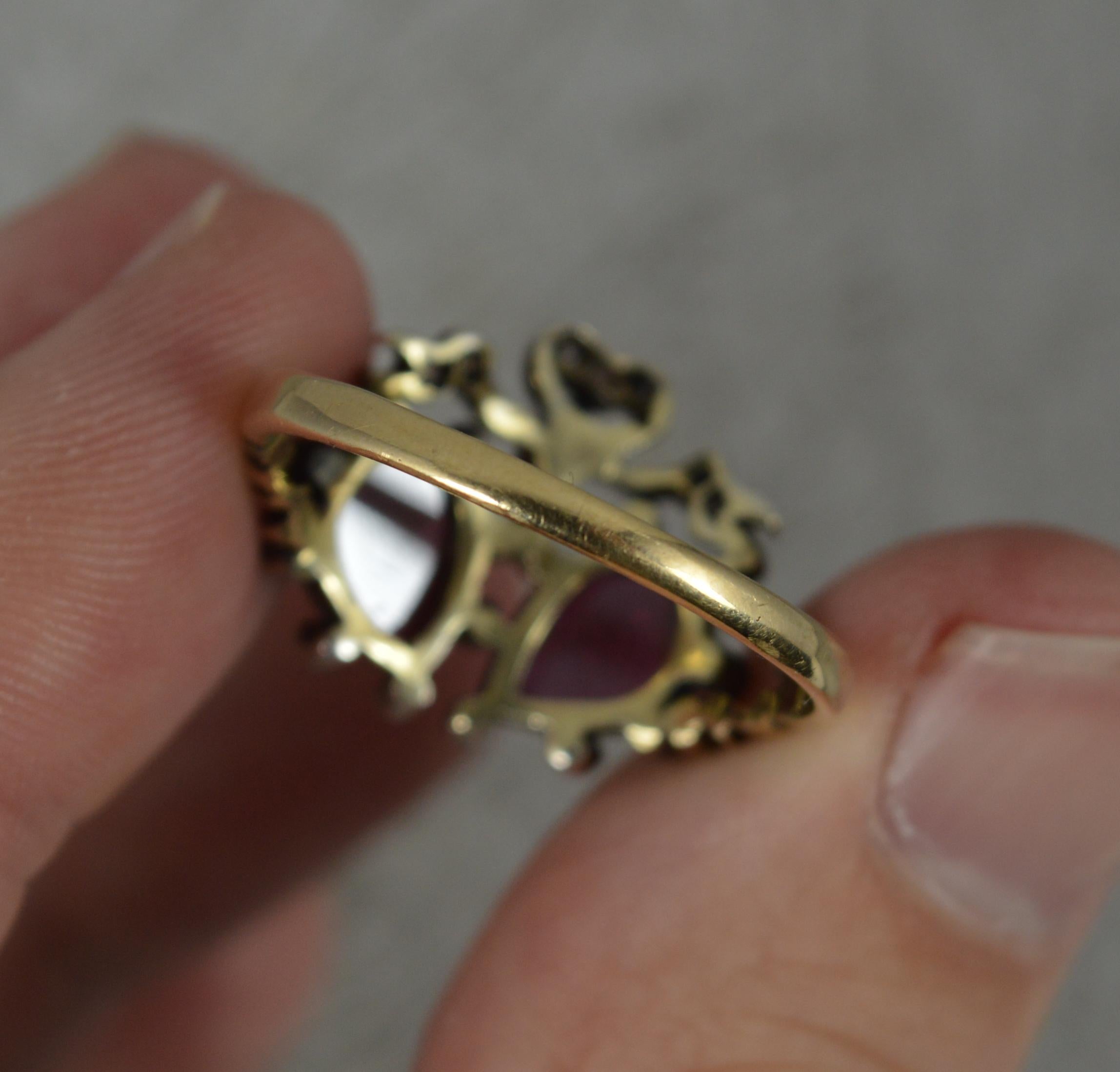 Victorian 15ct Gold Garnet Cabochon and Diamond Double Heart Cluster Ring 5