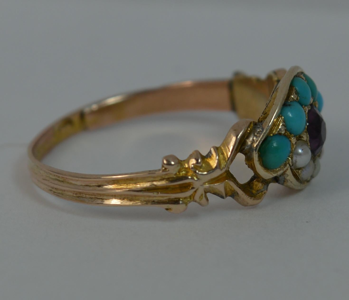 Victorian 15 Carat Gold Garnet Pearl and Turquoise All Seeing Eye Cluster Ring 6
