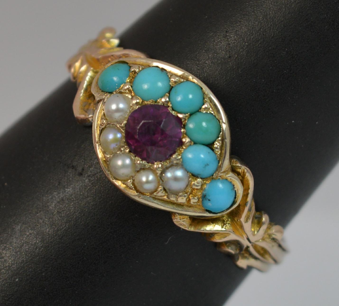 Victorian 15 Carat Gold Garnet Pearl and Turquoise All Seeing Eye Cluster Ring 7